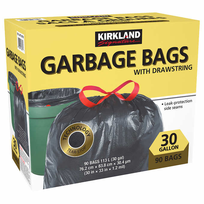 Kirkland Signature Carton is 100% recyclable 33 Gallon Black Drawstring  Trash Bag 90 Count,Tear-Stop Technology