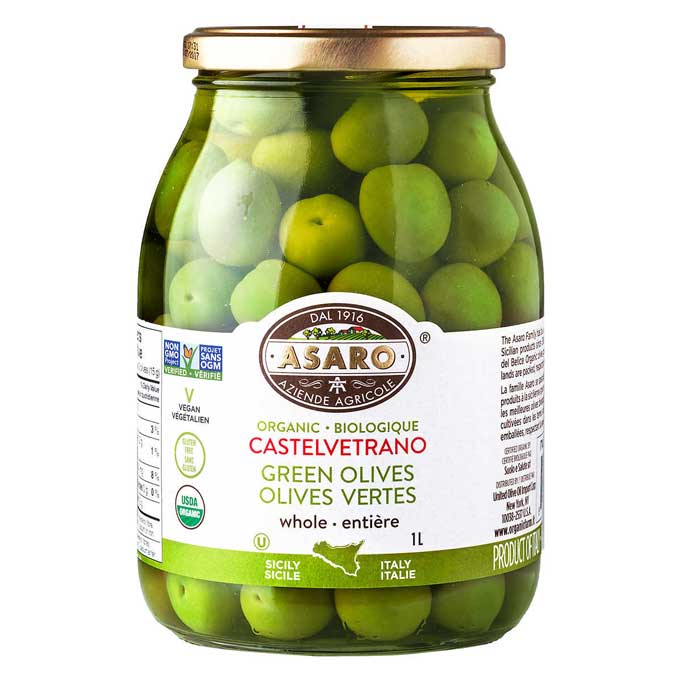 Asaro Farms Organic Castelvetrano Green Whole Olives 1L